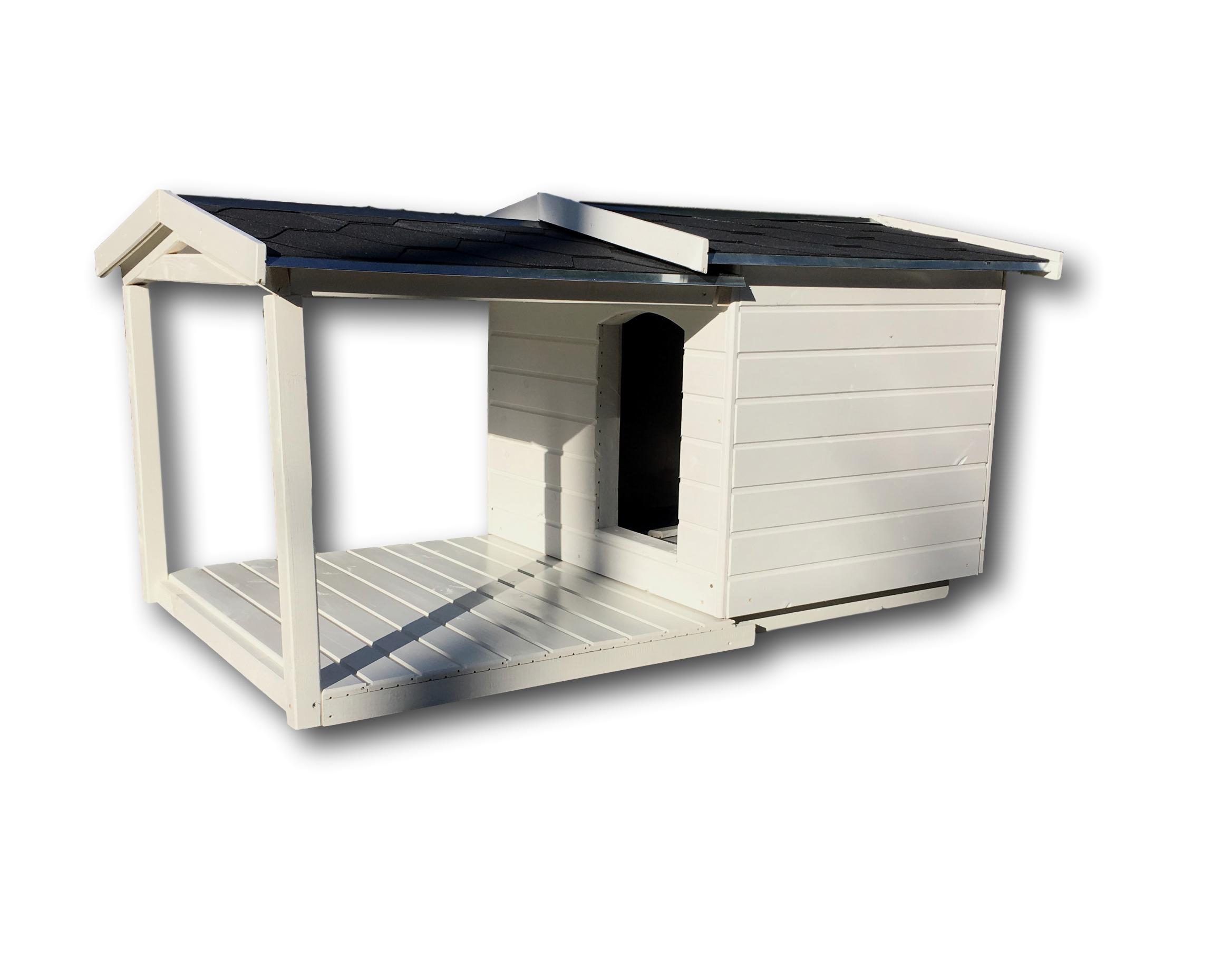 Új 80X100 amerikai tetős hőszigetelt kutyaház teraszos fehér