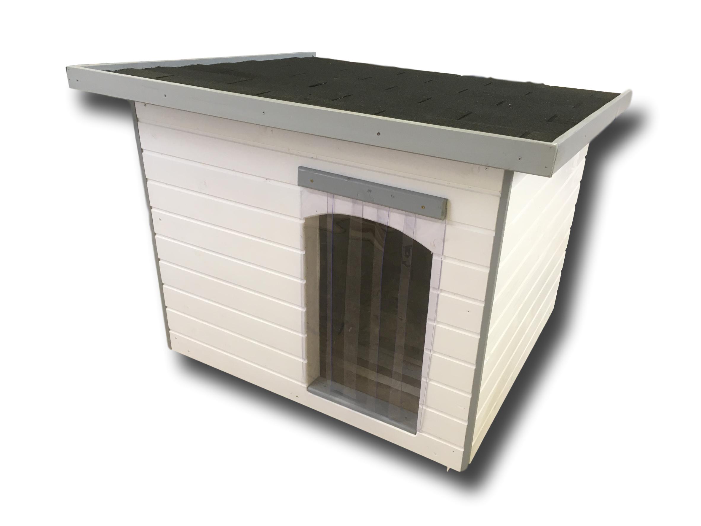 Új fűthető100X110 Extra hőszigetelt kutyaház lapos tetős fehér-szürke