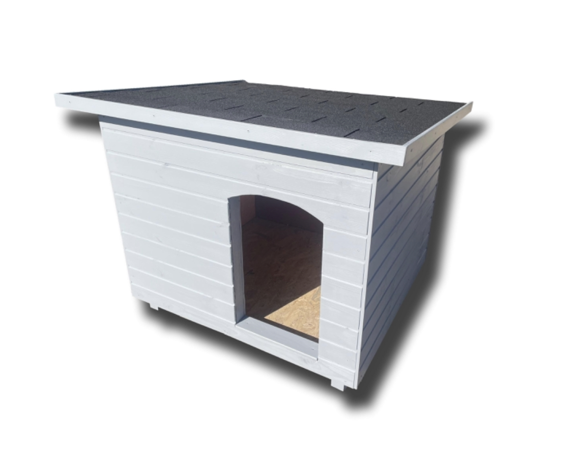 Fűthető 100X110 kutyaház: lapos tetős - szürke, fekete zsindely