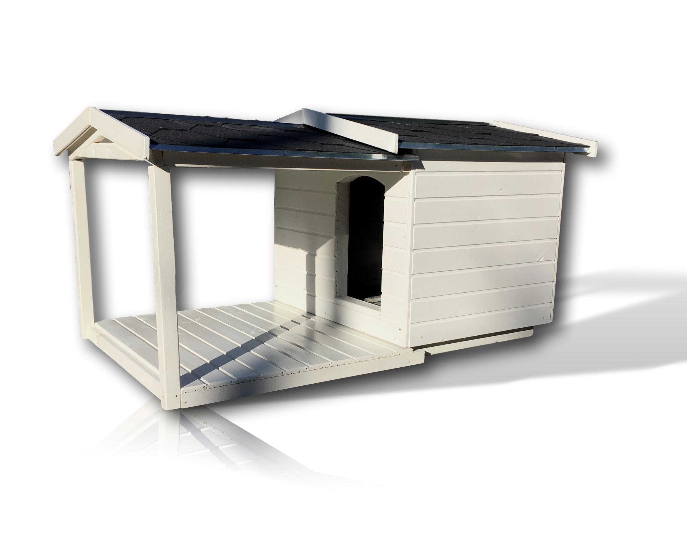 Új 80X100 amerikai tetős hőszigetelt kutyaház teraszos fehér