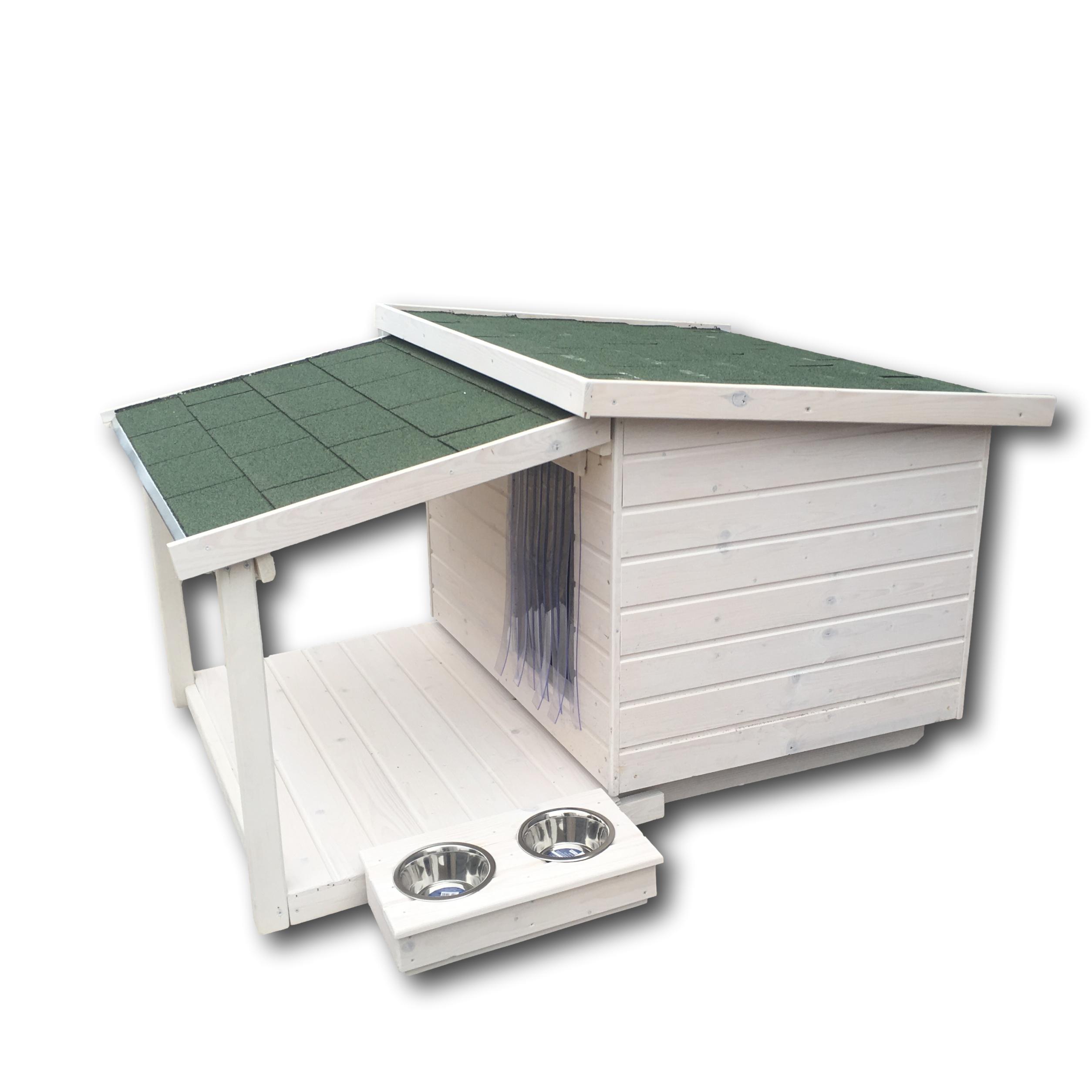 Új hőszigetelt kutyaház 50X70 lapos tetős, teraszos, edénytartóval