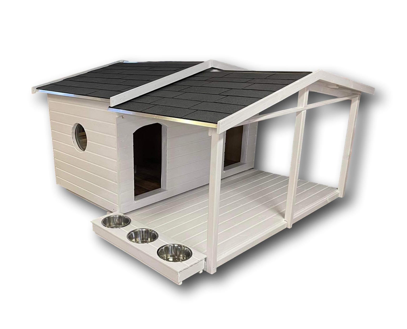 Új 180X100 teraszos dupla kutyaház lapos tetős - fehér, szürke zsindely