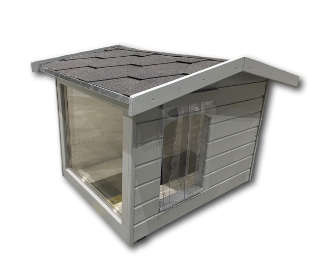 Új Fűthető 70X90 hőszigetelt kutyaház fordított amerikai tetős szürke panoráma 