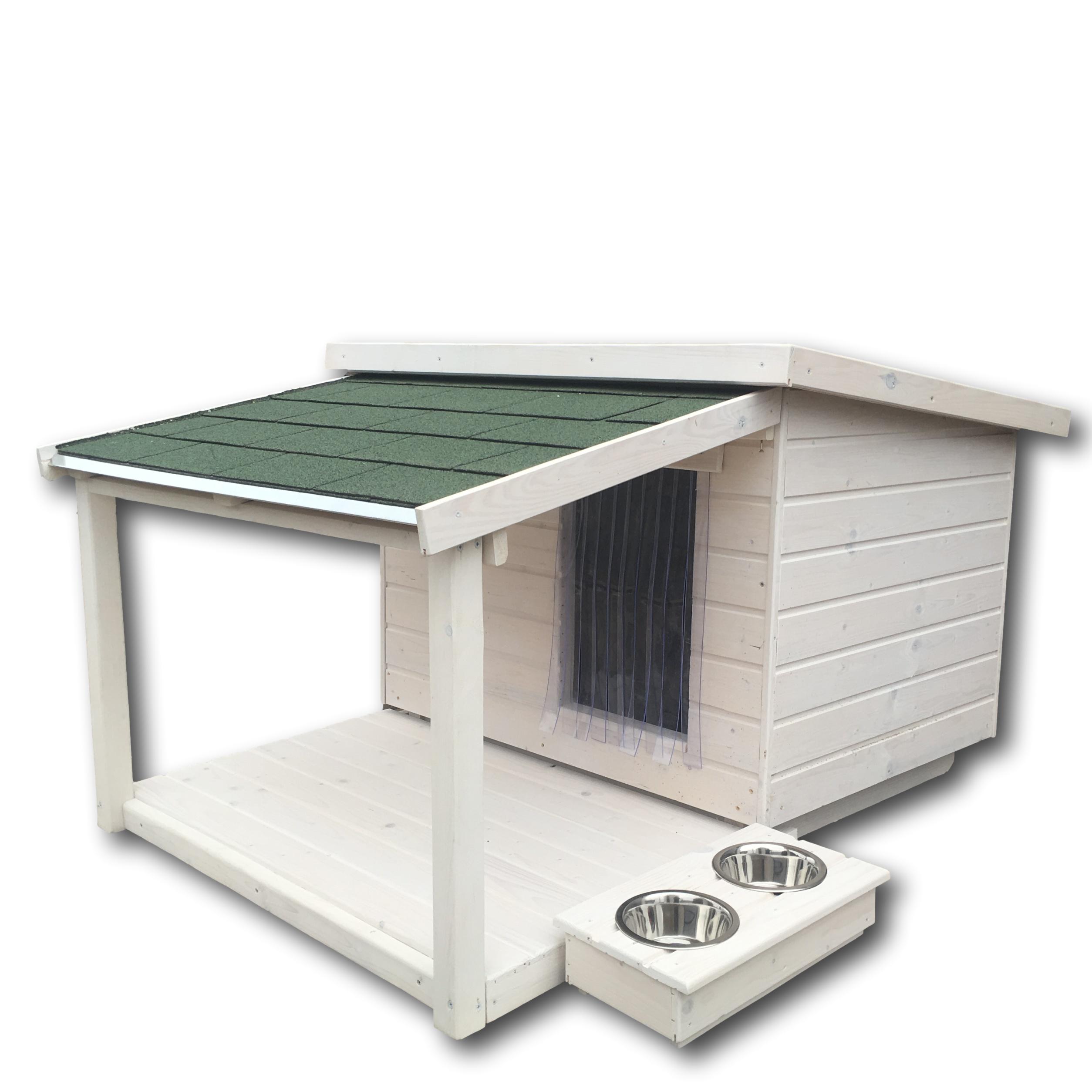 Új Fűthető hőszigetelt kutyaház 50X70 lapos tető, terasz, hőfüggöny, edénytartó