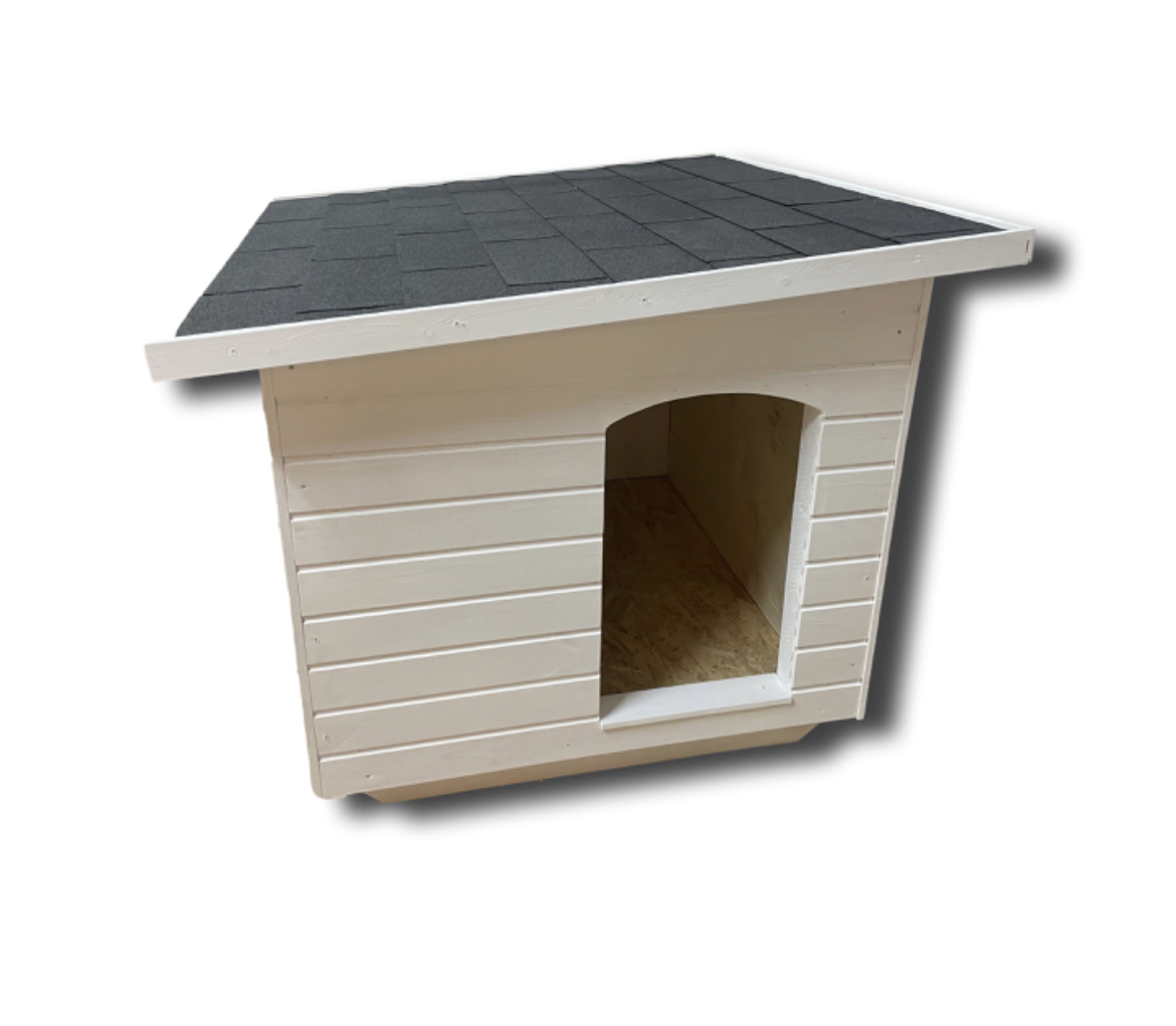 100X110 kutyaház: oldalra lapos tetős - fehér, fekete zsindely